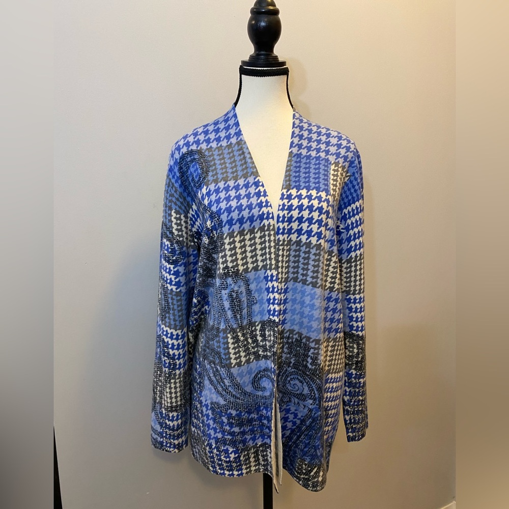 Talbots Blue and Gray Houndstooth Open Cardigan 100% merino wool size L
